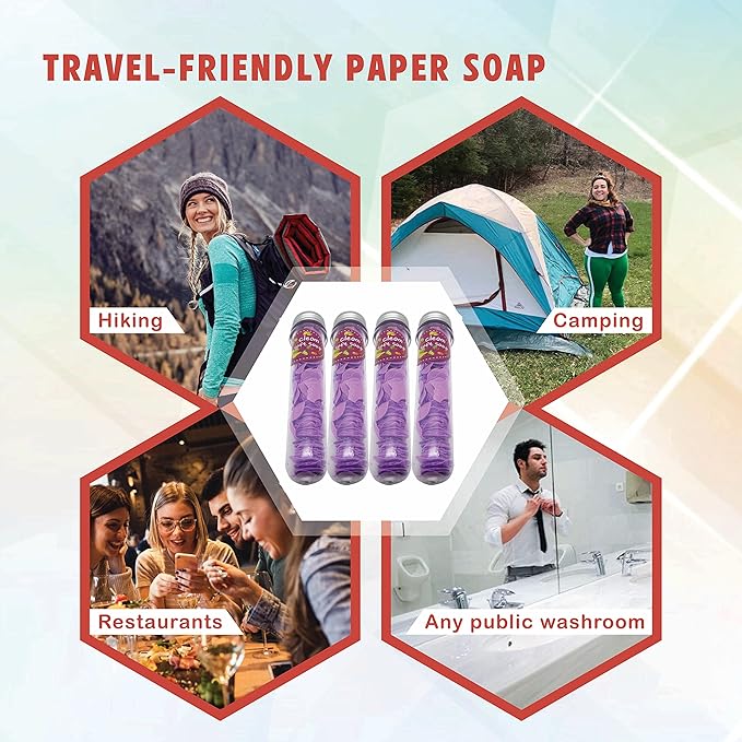 Flower Paper Soap Sheets 4 Pack - Portable Disposable Travel Confetti - Foaming Hand Washing Scented Flakes for Indoor, Travel, Camping, Hiking, Outdoor - Toiletry (Violet)