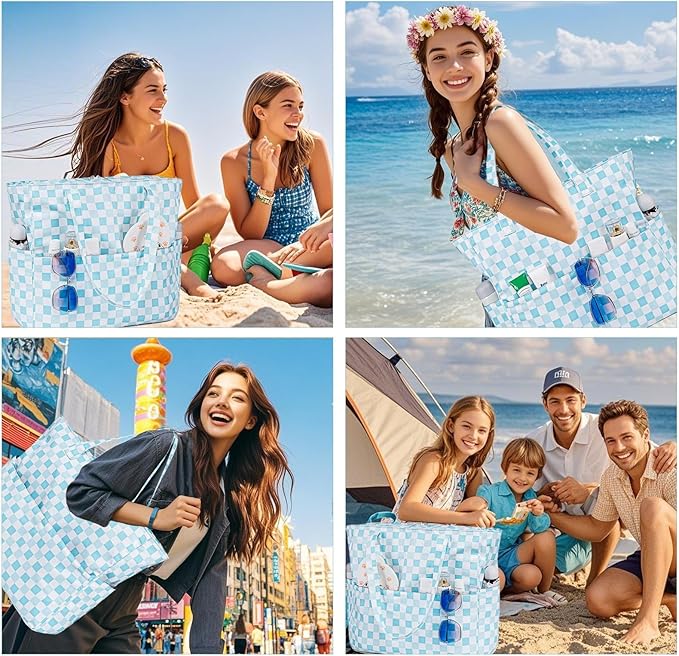 LEDAOU Large Beach Tote Bag Women Waterproof Sandproof Zipper Beach Tote Bag for Pool Gym Grocery Travel with Wet Pocket