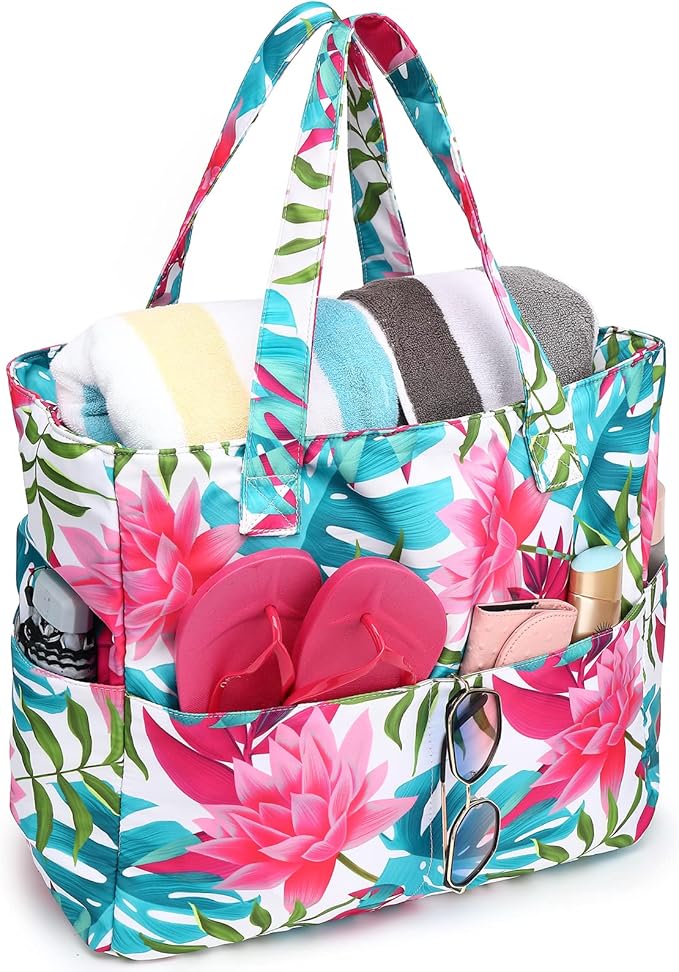 LEDAOU Large Beach Tote Bag Women Waterproof Sandproof Zipper Beach Tote Bag for Pool Gym Grocery Travel with Wet Pocket