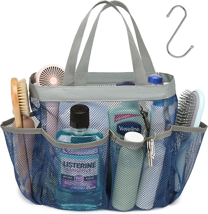 F-color Mesh Shower Caddy Portable, Upgrade Deeper 7 Pockets Shower Bag Basket Tote for College Dorm Room Toiletry Bathroom Essentials Gym Camp Quick Dry 2 handles with S Hook, Navy Blue