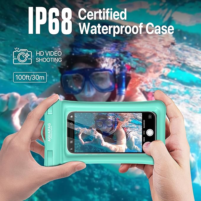 NEPHI IP68 Waterproof Phone Pouch 2 Pack-Up to 8.0"，Adjustable Neck Lanyard Floating Waterproof Phone Case for iPhone,Phone Dry Bags for Vacation Beach Pool Travel Essentials (Aqua Green White 2 pack)