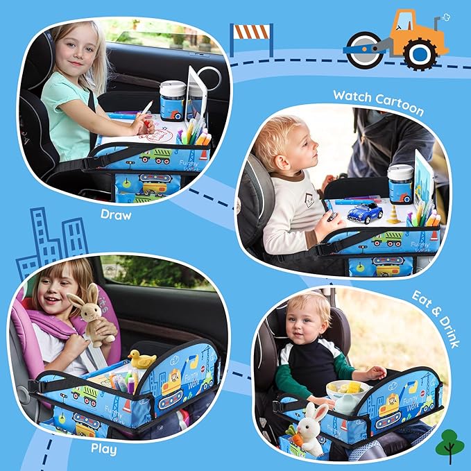 Kids Travel Tray, Kids Travel Trays for Car Seat, Road Trip Essentials for Toddler, Carseat Lap Tray with Dry Erase Board & Storage Organizer for Road Trip Activities for Kid, Light Blue