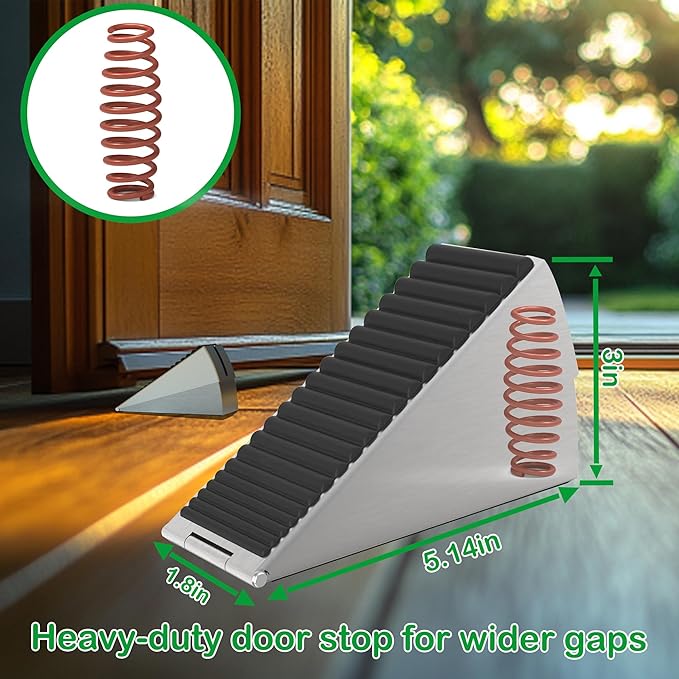 Door Stoppers for Bottom of Door Heavy Duty Adjustable Spring Loaded Rubber Wedge 0.2-3" Stackable Set–1 Large + 2 Small, Non-Slip Base, Security Door Stopper for Interior/Exterior/Home/Office