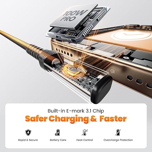 USB C Cable 6.6ft 100W Right Angle Fast Charging Cord, Nylon Braided USB 2.0 Cable for iPhone 17 16 15 Pro Plus Pro Max Air, iPad Pro, Samsung Galaxy S24 S23, Switch, MacBook Pro, Pixel