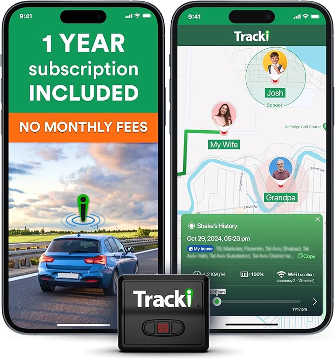 Tracki GPS Tracker for Vehicles, Car, Kids. Subscription Needed. US-Made Tech. 4G LTE GPS Tracking Device. Unlimited Distance, US & Worldwide. Small (Tracker) (Tracker 1 Year Subscription Incl.)