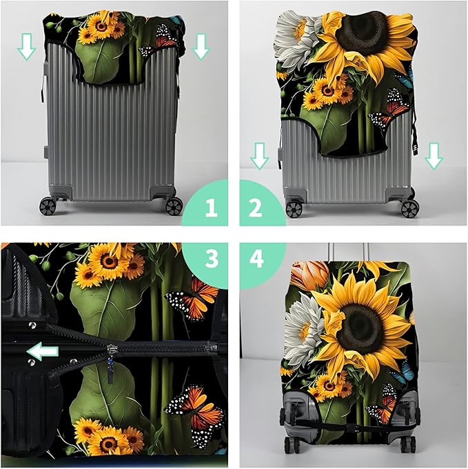 Suitcase Protector Plus 1 Luggage Tag, Sunflower Orchids Travel Cover for 26-28 inch Luggage with Concealed Zipper, Washable Elastic Cloth, Dustproof, Anti-Scratch