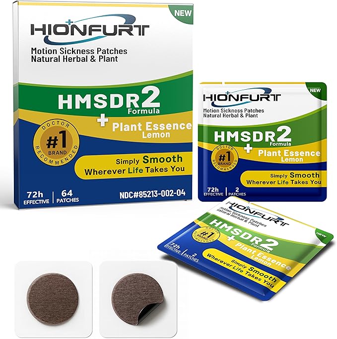 HMSDR2 64ct Motion Sickness Patches with Plant Essence – Lemon – Sea Sickness Patches for Cruise, Car, Airplane – Non-Drowsy, 72H Lasting
