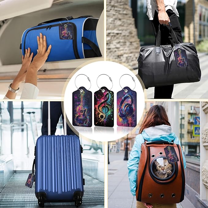 3 Pack Music Luggage Tags for Suitcases, Note Headphones Guitar Cute Leather Name Tag with Privacy Cover with Stainless Steel Loops, Travel ID Bag Tags for Women Men