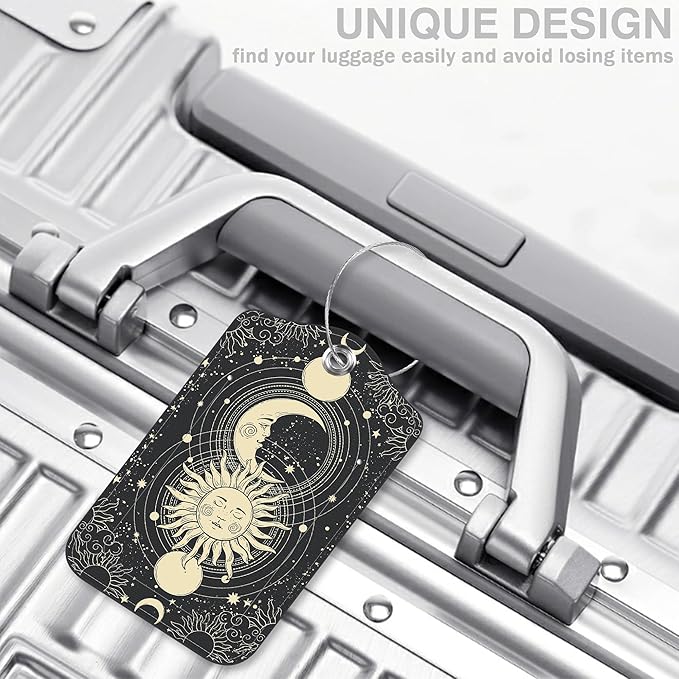 Set of 2 Luggage Tags for Suitcases Sun Moon Astrology Phases Leather Suitcase Tags Identifiers with Privacy Name Address Label and Stainless Steel Loop for Women Men Travel Luggage Accessories