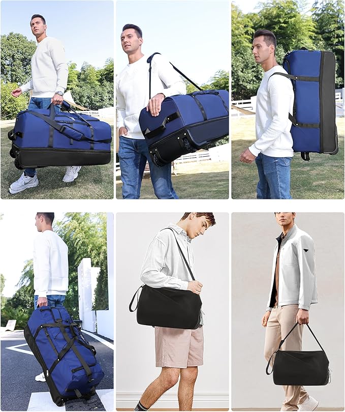 CONTAIL 32”110L Expandable 140L Rolling Duffle Bag with 2 Inline Wheels,Convertible Weekend Travel Bag with Bungee-Cord System,Navy