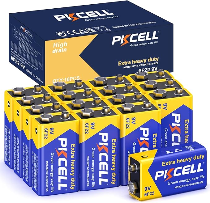 PKCELL 9V Battery Carbon Zinc for Smoke Detectors 6F22 Battery, 10-Year Shelf Life，Ultra Long-Lasting(16PCS)