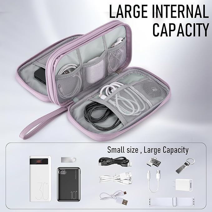 Leather Travel Electronic Organizer - Double Layer, Waterproof Case for Cables, Chargers, Phones & More - Portable, Shockproof Pouch for All Your Electronics Accessories (Light Purple, M)