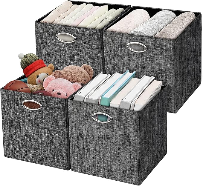 Posprica Storage Cubes,12×12 Storage Bins ,Foldable Storage Baskets Fabric Drawers Containers for Shelf Cabinet Bookcase,Thick and Heavy Duty (4pcs, black)