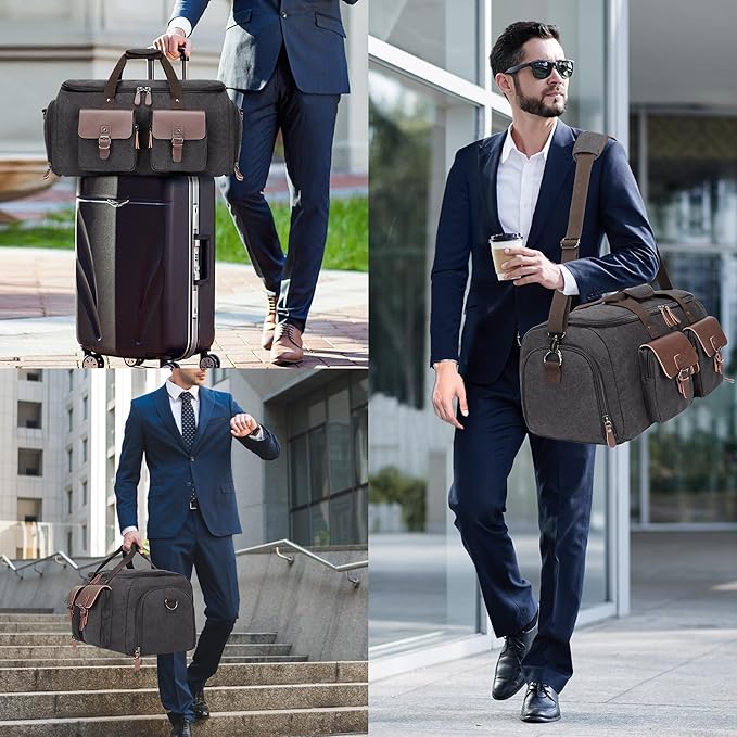 Canvas Garment Bags for Travel, Convertible Carry On Garment Duffel Bag for Men Women, 2 in 1 Suit Bag Hanging Suitcase Business Travel Bag with Shoe Compartment (Grey, XL)