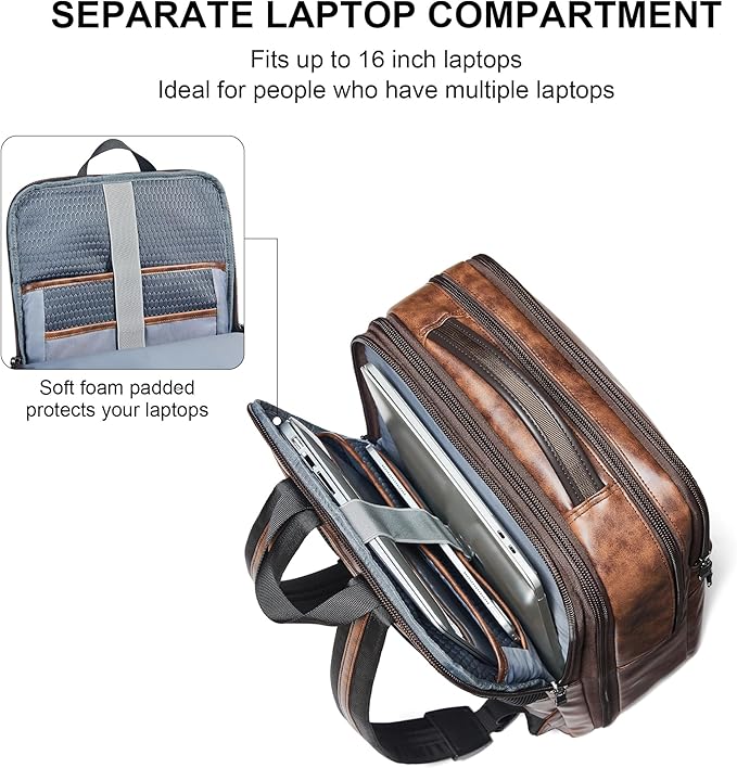 Vegan Leather Laptop Backpack for Women&Men,16 Inch Expandable Backpack with USB Charging Port,Two-toned Brown