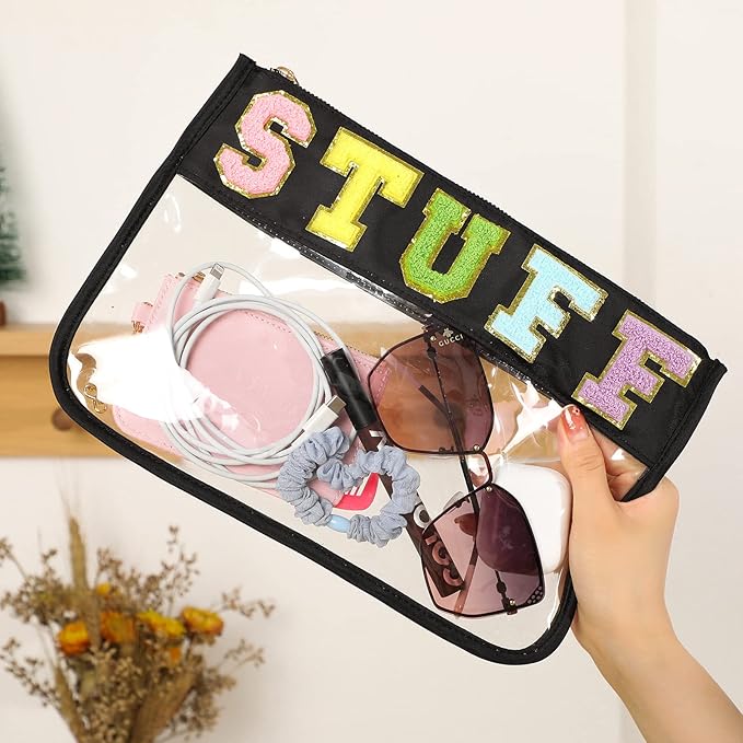 DYSHAYEN Chenille Letter Clear Zipper Pouch for Travel,Nylon Clear Cosmetic Bag,Makeup Travel Bag for Women Girls 11.8 Inches x 8.2 Inches