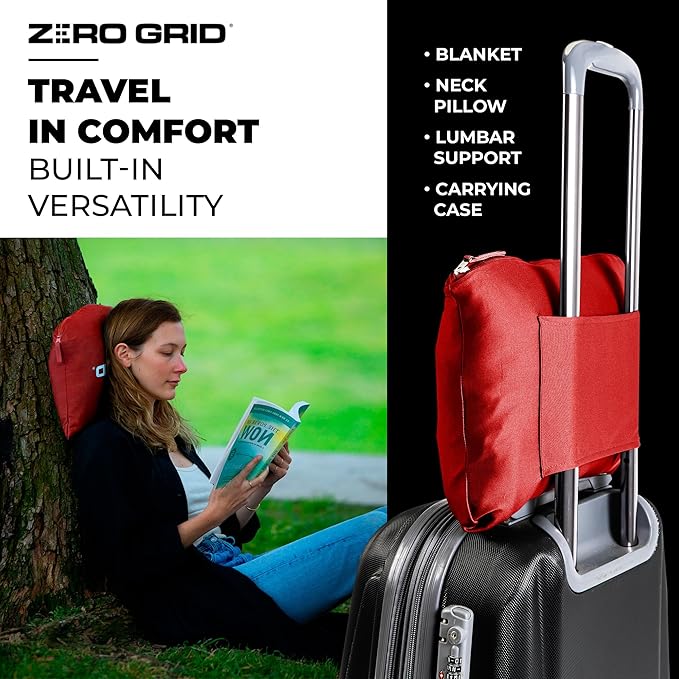 Lightweight Travel Blanket - Premium & Compact Airplane Wearable Blanket with Neck Snaps, Cozy Foot Pockets, Zipper Pouch - Converts into Soft Pillow - Designed for Ultimate Comfort - Scarlet