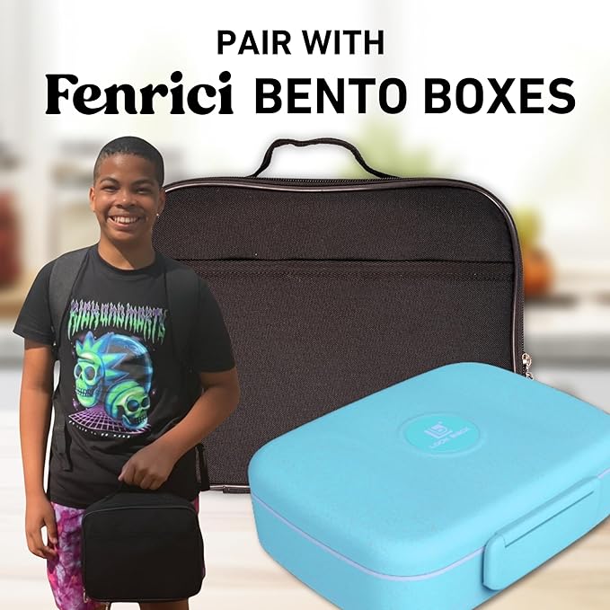 Fenrici Black Lunch Box for Boys, Girls, Kids, Teens, Men, Women Insulated Lunch Bag, Soft Sided Compartments, Spacious, BPA Free, Food Safe, 10.8in x 8.5in x 2.8in, Black