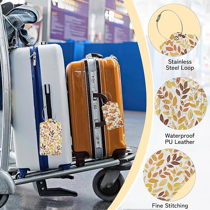 Hello Fall Luggage Tag for Suitcase,Autumn Leaves Design with Privacy Flap Name ID Label Metal Loop, 3 Pack