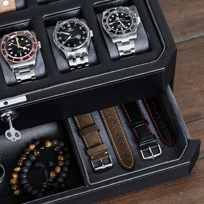 ROTHWELL 12 Slot Leather Watch Box with Valet Drawer - Luxury Watch and Jewelry Case Display Organizer, Microsuede liner, Mens Locking Storage Holder Large Glass Top (Black/Grey)