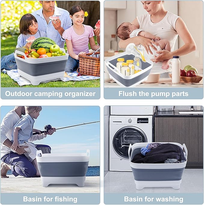 2.4 Gal(9L) Collapsible Dish Basin with Drain Plug - Multiuse Foldable Wash Basin for Baby Bottles, Space-Saving Multiuse Dish Tub, Kitchen Sink for Camping, Dishes Washing, RV (Gray)