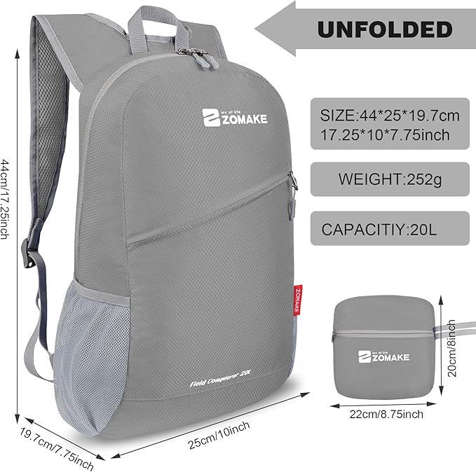 ZOMAKE Lightweight Packable Backpack 20L, Foldable Backpacks Small Daypack for Hiking Water Resistant Day Bag for Travel