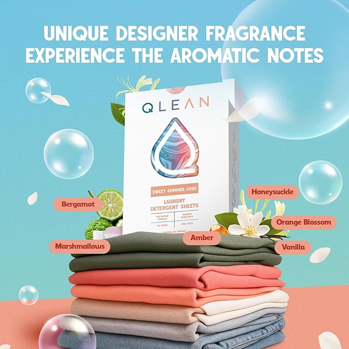 QLEAN Laundry Detergent Sheets (Travel Size 10 Loads) – Travel Laundry Detergent Sheets, Eco-Friendly Laundry Soap, HE & Standard Washer Safe, Stain Remover, Skin-Friendly - Sweet Summer Love