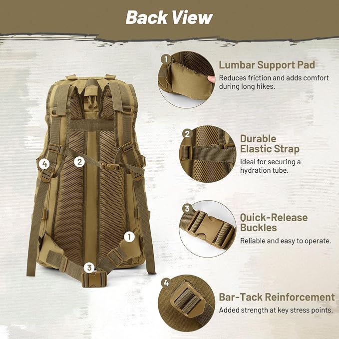 50L Tactical Backpack for Men and Women, Water-Resistant Molle Rucksack, Large Military Assault Pack for Hiking, Hunting, Camping, Gym & Outdoor Survival Khaki