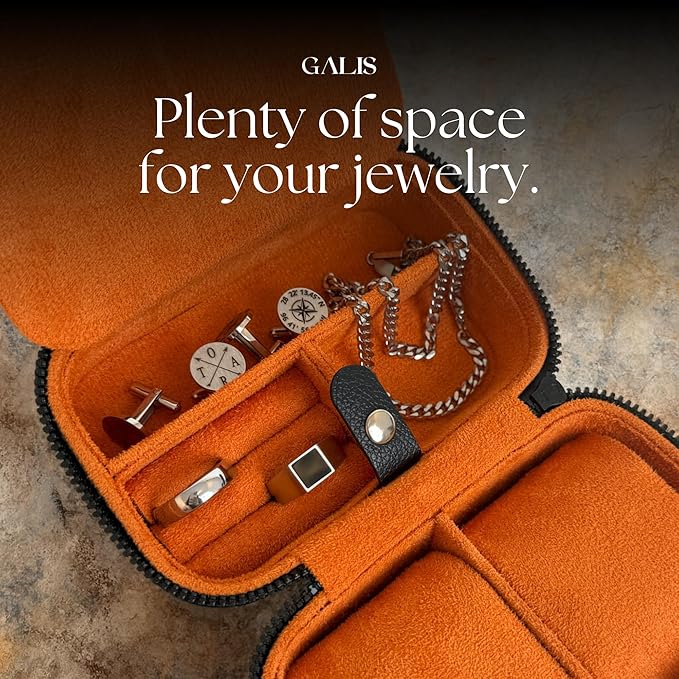 Galis Luxury Watch Case for Men High End Portable 2-Slot Watch Holder and Watch Case for Travel, Premium Watch Box for Men, Jewelry Storage Organizer, Gift for Him, Fathers, Husband (Black & Orange)