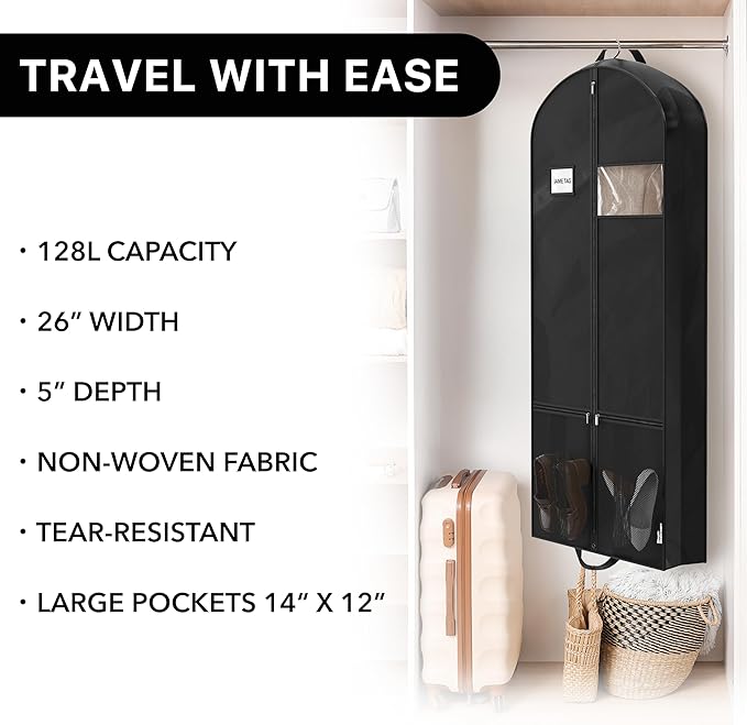Simple Houseware 60-Inch Travel Garment Bag with Pockets, Non-Woven | Lightweight, Black, 3 Pack
