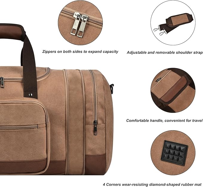 Litvyak Duffle Bag for Travel, 50L Canvas Travel Duffel Bags Overnight Weekend Gym Carry On Luggage Bag for Men & Women(Coffee+Toiletry Bag)