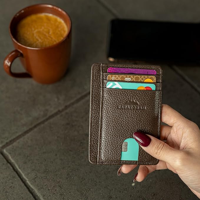 KARAKORAM Vertical Handcrafted Premium Leather Front Pocket Credit Card Holder with RIFD Protection | Artisan Made Slim Leather Wallet | Finger Glide Slots for Cards and ID (Wildwood Espresso)