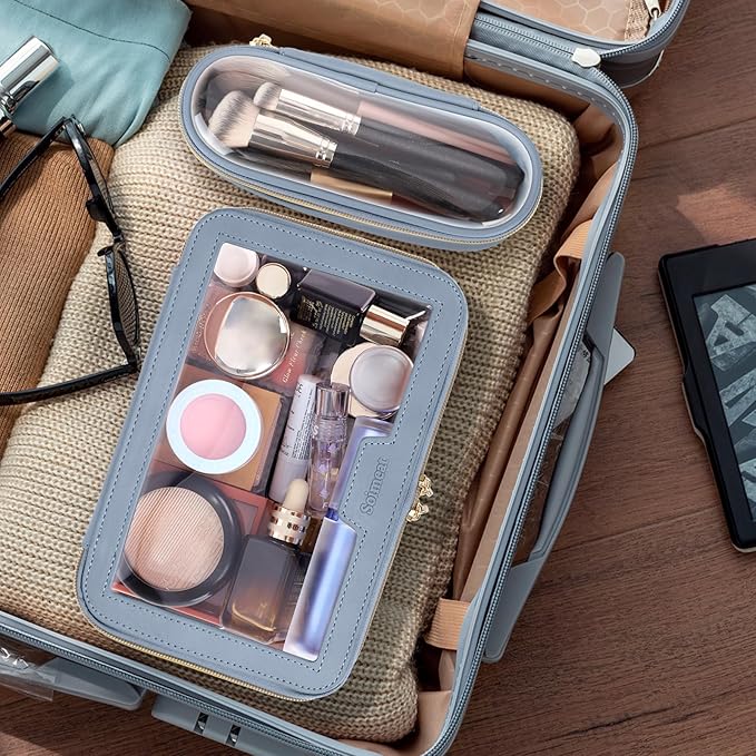 Travel Clear Makeup Bag with Makeup Brush Bag, Leather Makeup Case Toiletry Bag, Portable Cosmetic Bag Case, Transparent Waterproof Cosmetic Organizer Storage Bag for Women, Blue