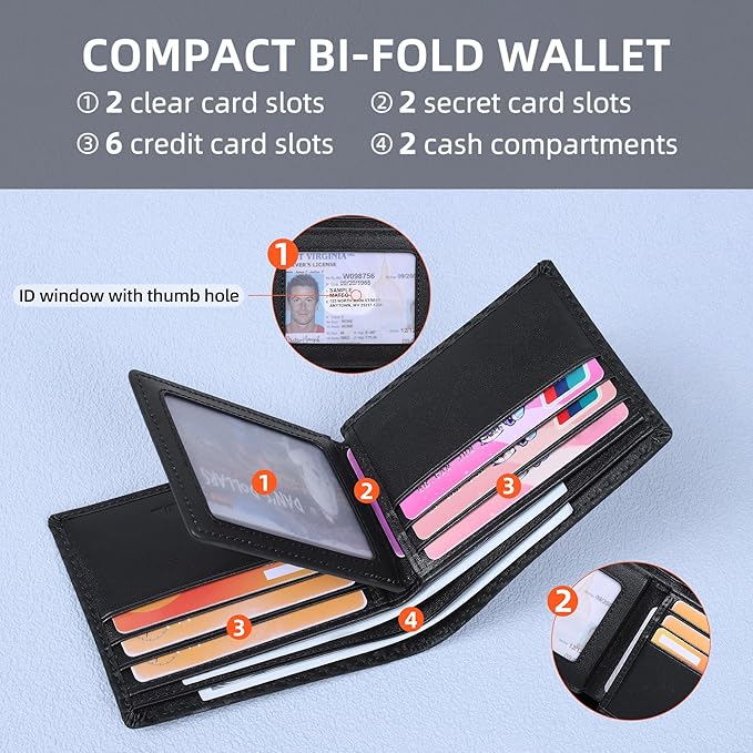 VISOUL Mens Carbon Fiber Leather Bifold Wallet with 2 ID Windows, RFID Blocking Secure Designer Wallets for Men with Two Cash Compartments (Black+Black)