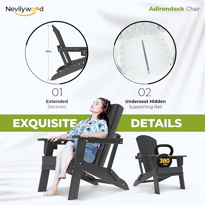 Folding Adirondack Chair - Extended Ergonomic Backrest, Cup Holder - Easy Assembly - Durable HDPE Plastic, Weather Resistant & Maintenance-Free - Lawn, Patio, Deck Supports 380lbs Black