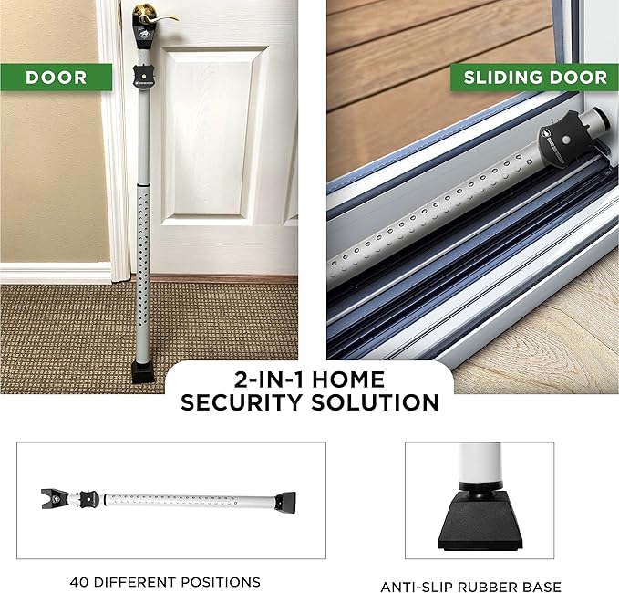 Guard Dog Security Adjustable Sliding Door Security Bar, Door Jammer 2-in-1 Adjustable Door Knob and Sliding Patio Door Stoppers Security with Alarm, 40 Different Adjustments