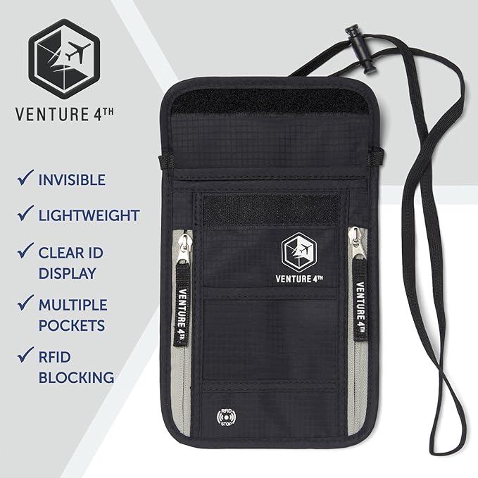 VENTURE 4TH Passport Holder Neck Wallet with RFID Blocking Nylon Lining - Hidden Neck Pouch for Travel (Black)