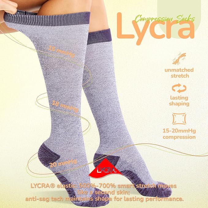 Merino Wool Compression Socks for Women Men, 15-20 mmHg Knee High Socks for Flying, Travel, Running
