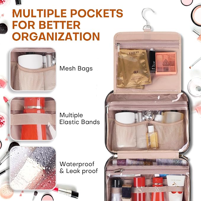 Hanging Toiletry Bag for Women Travel, 2 Sizes Large & Small Waterproof Cosmetic Organizer with 4 Compartments, Rotating Hook, Foldable Pink Travel Bag for Toiletries & Makeup - Medium Black