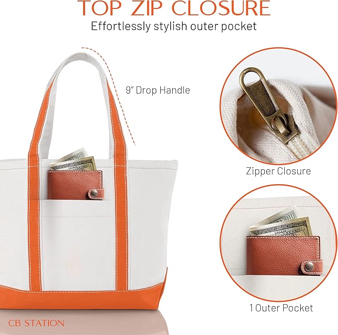CB STATION Medium Classic Canvas Tote Bag for Women, Top Zipper Closure, Outer Pocket, Daily Essentials, Groceries, Traveling