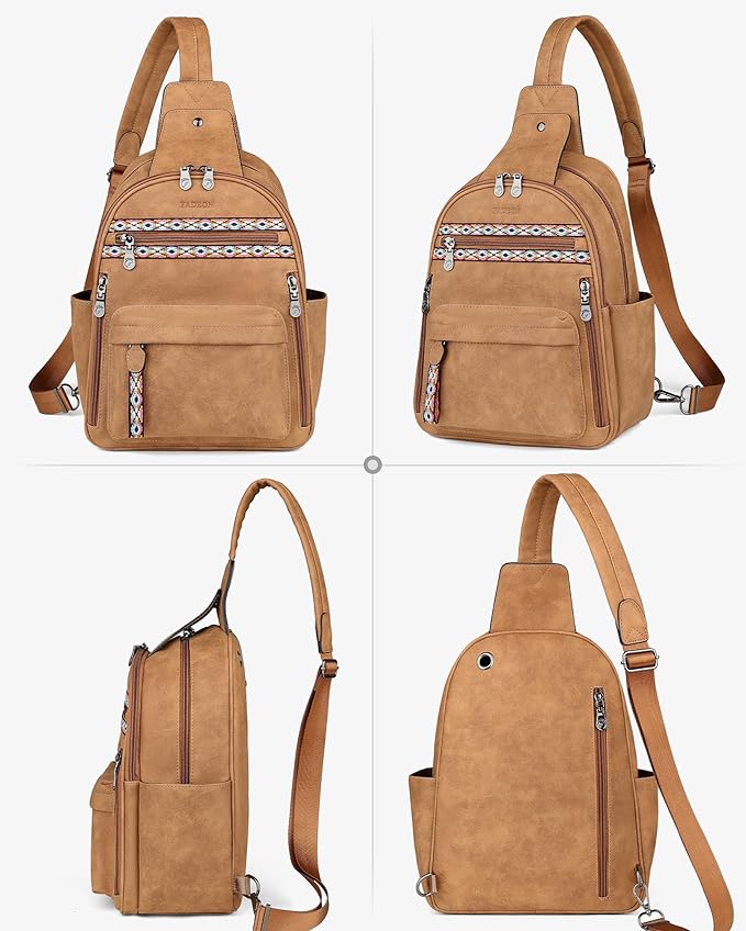FADEON Large Sling Bag for Women, Leather Crossbody Purse Designer Anti Theft Sling Backpack, RFID Fanny Packs for Travel