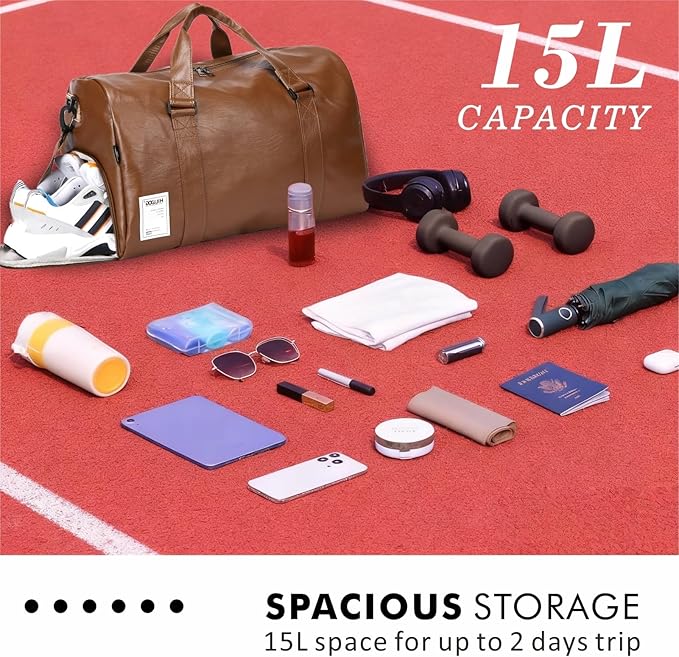 Leather Sports Gym Tote Bag with Shoes Compartment & Wet Pocket, Travel Duffel for Men & Women, Shoulder Weekender Overnight Bag for Yoga, Pilates, Swimming