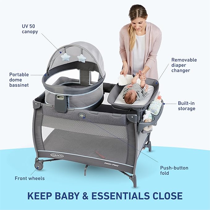 Graco Pack ’n Play Travel Dome LX Playard – Raised Portable Bassinet, UV‑50 Canopy, Changer & Storage, Annie