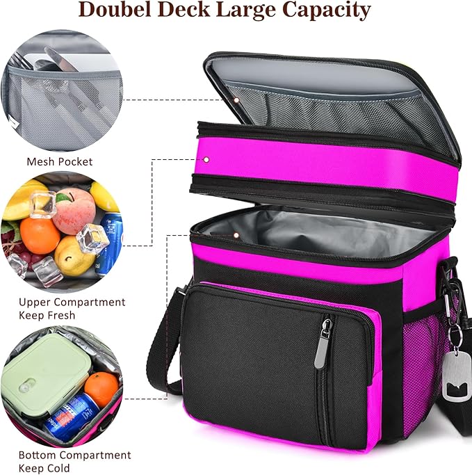 Insulated Lunch Bag Women | Large Adult Lunch Box | Double-Layer Reusable Lunch Bags | Leak-Proof Tote Cooler Bag for Work Picnic Outdoors | 16L, Hot Pink