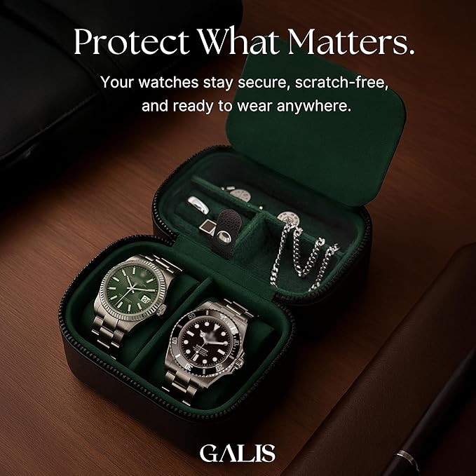 Galis Luxury Watch Case for Men High End Portable 2-Slot Watch Holder and Watch Case for Travel, Premium Watch Box for Men, Jewelry Storage Organizer, Gift for Him, Fathers, Husband (Black & Green)