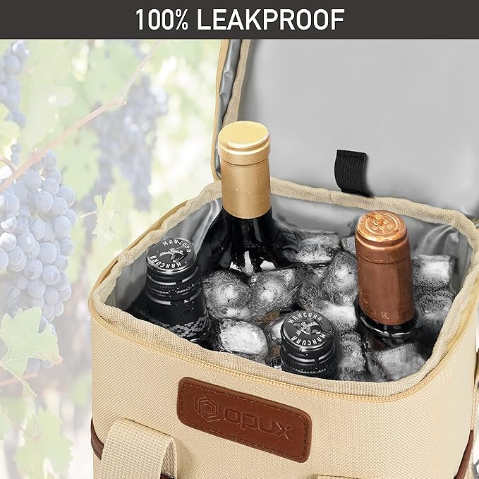 Opux 4 Bottle Insulated Wine Cooler Bag - Leakproof Padded Portable Wine Bottle Carrier for Travel Picnic BYOB Gift (Beige Cream)