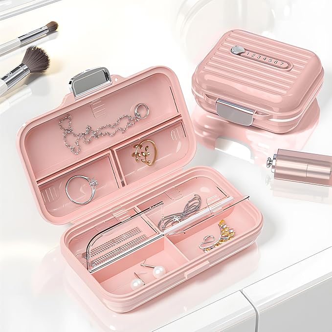 Travel Pill Organizer Box with Labels, 7 Compartments Portable Mini Pill Case, Daily Medication Organizer Storage Pill Container for Pocket Pharmacy(Pink, S)