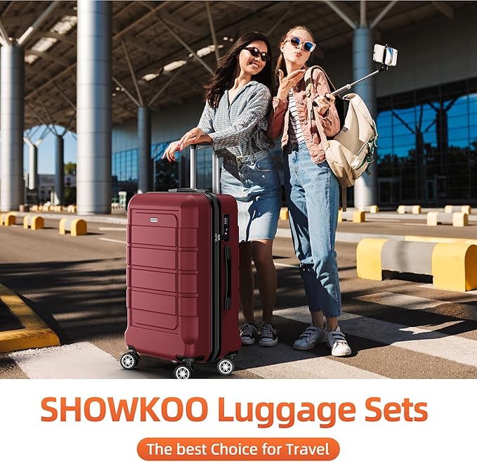 SHOWKOO Luggage Sets Expandable PC+ABS Durable Suitcase Double Wheels TSA Lock Red