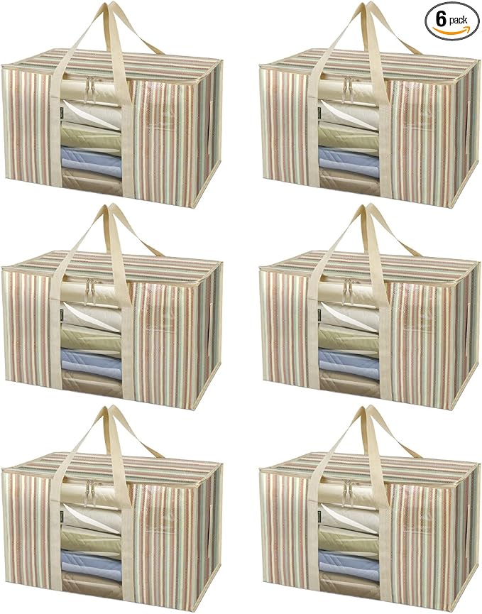 BALEINE 6-Pack Oversized Moving Bags with Reinforced Handles, Heavy-Duty Storage Tote for Clothes, Moving Supplies (Color Stripe with Window, 6-Pack)