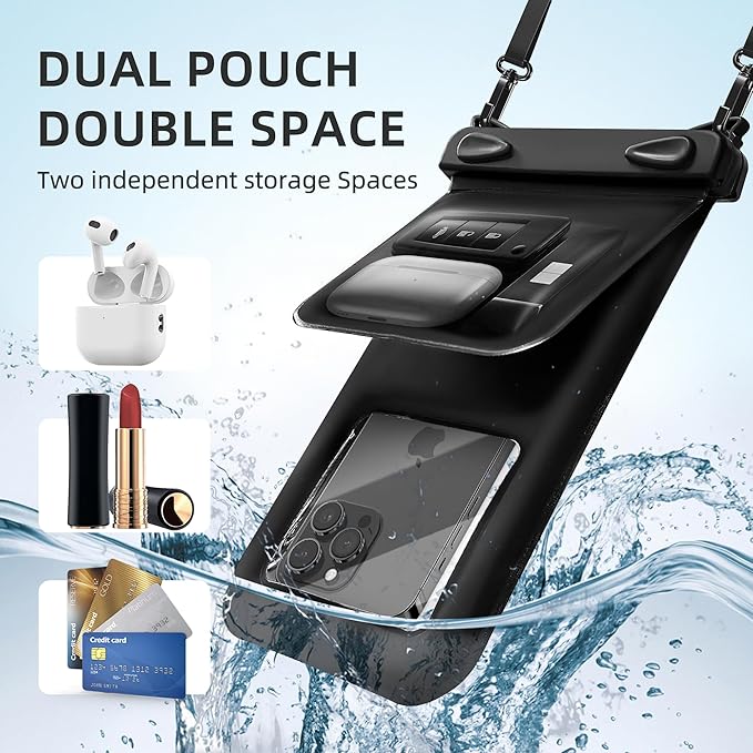 Waterproof Phone Pouch Double Pocket, Floating IPX8 8.5 inch Waterproof Phone Case for Beach Vacation Essentials for Compatible iPhone 16 15 14 Pro Max Galaxy S25 S24 Ultra Phone Pouch Black